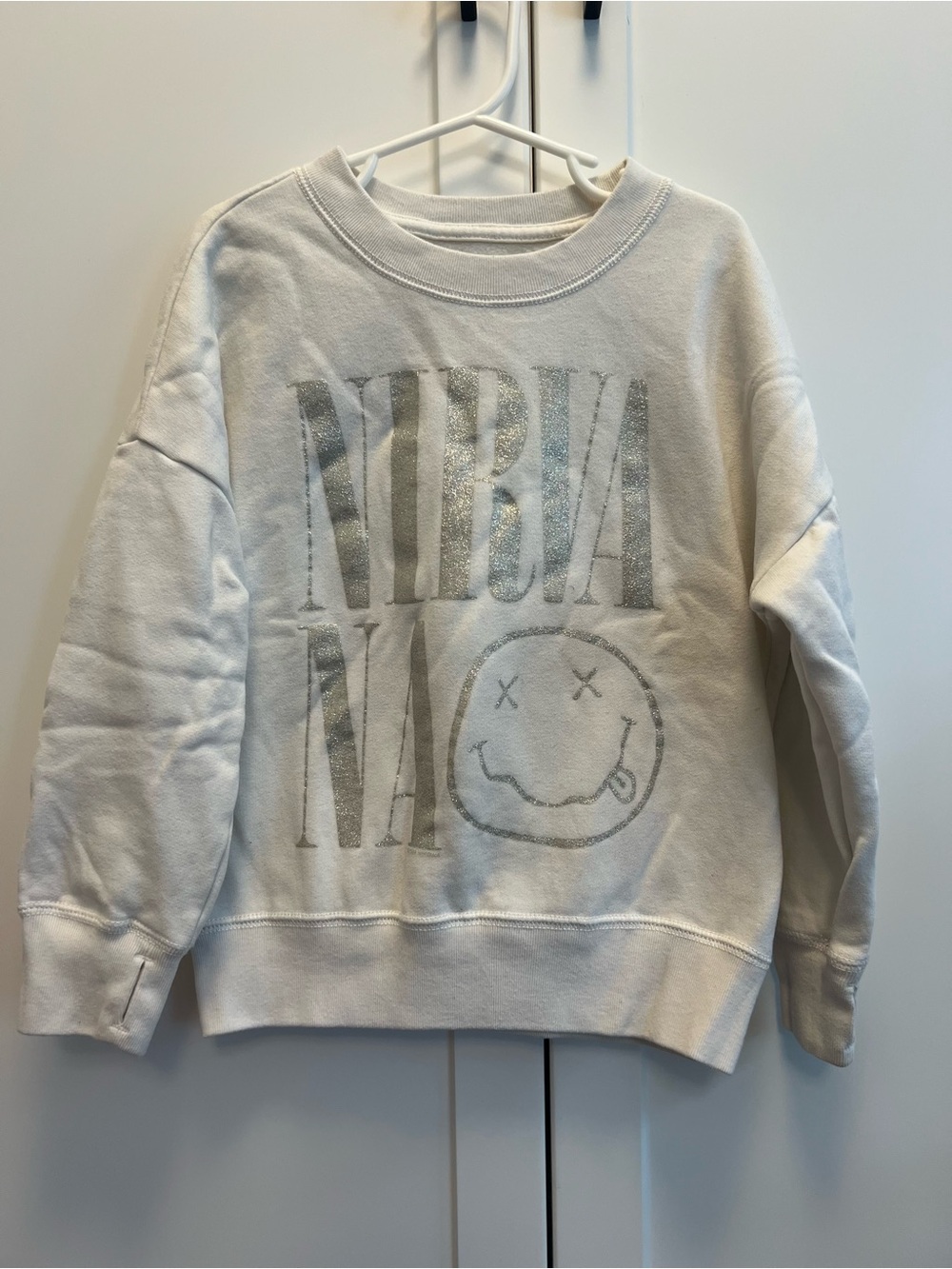 abercrombie kids White Crewneck Sweatshirt with Sparkle Nirvana graphic